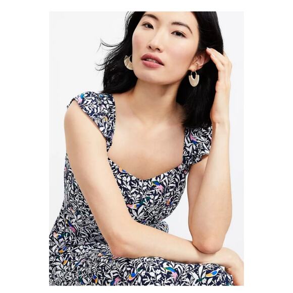 LOFT Blue&White Bird Ruffle Strap Maxi Dress Sz.16 NWT - Picture 2 of 16